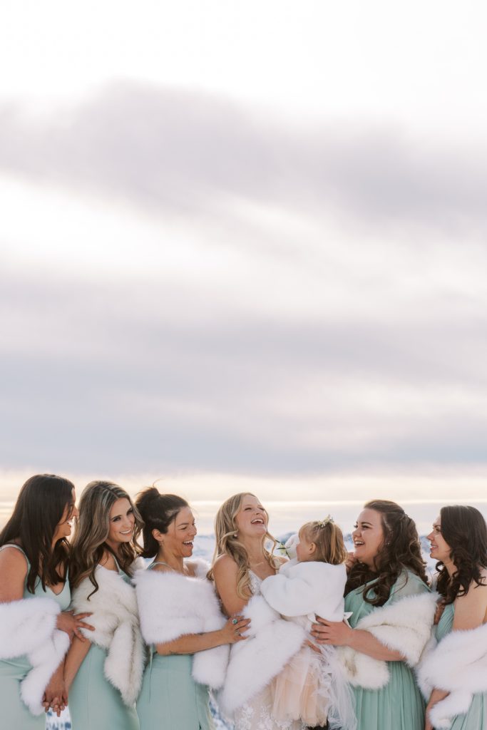 bride with bridesmaids in mammoth lakes