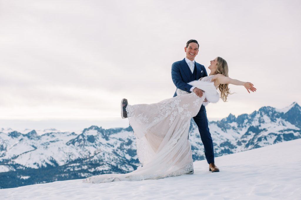 bride and groom on top of mammoth mountain