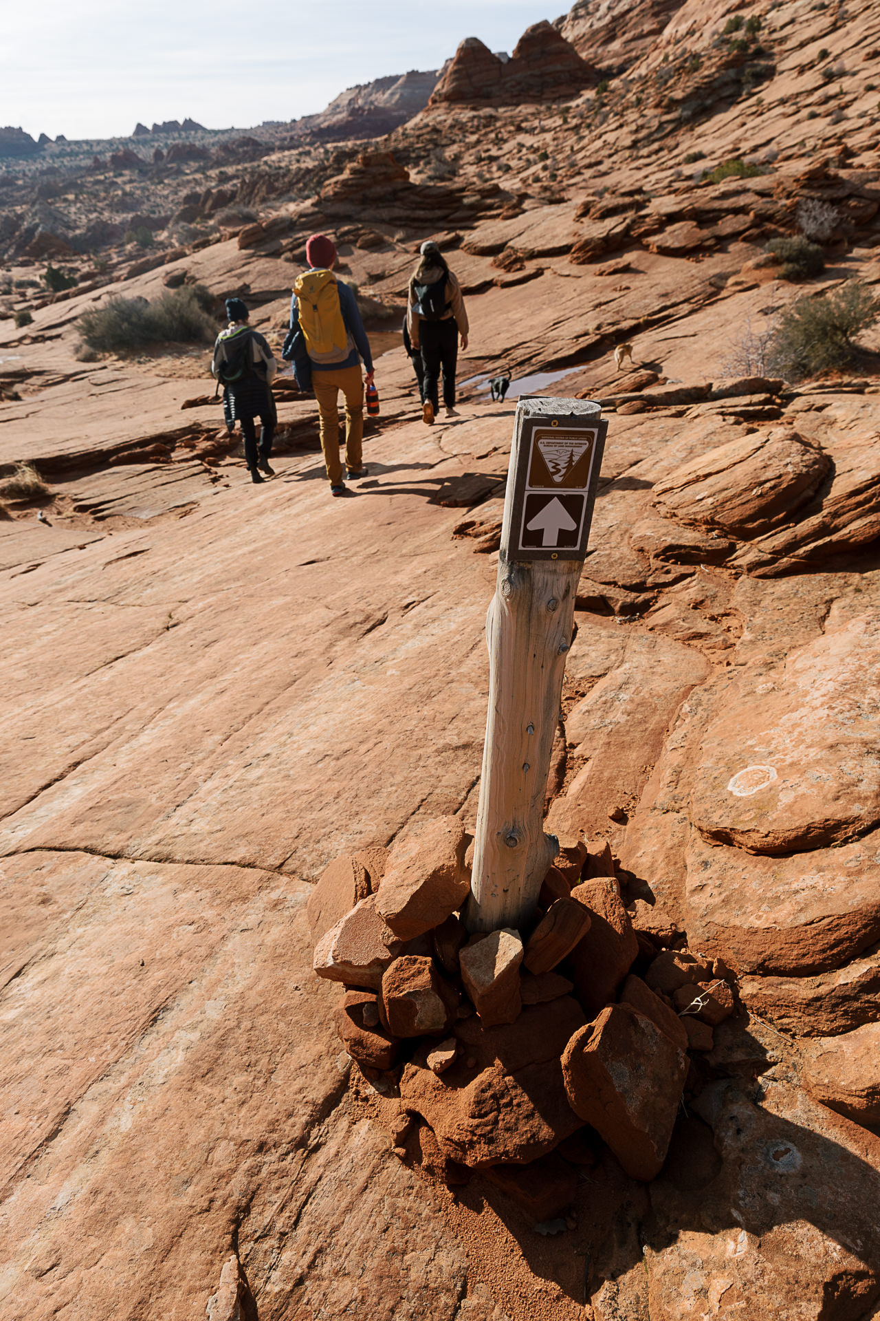 Hikers walking into the sandstone formations